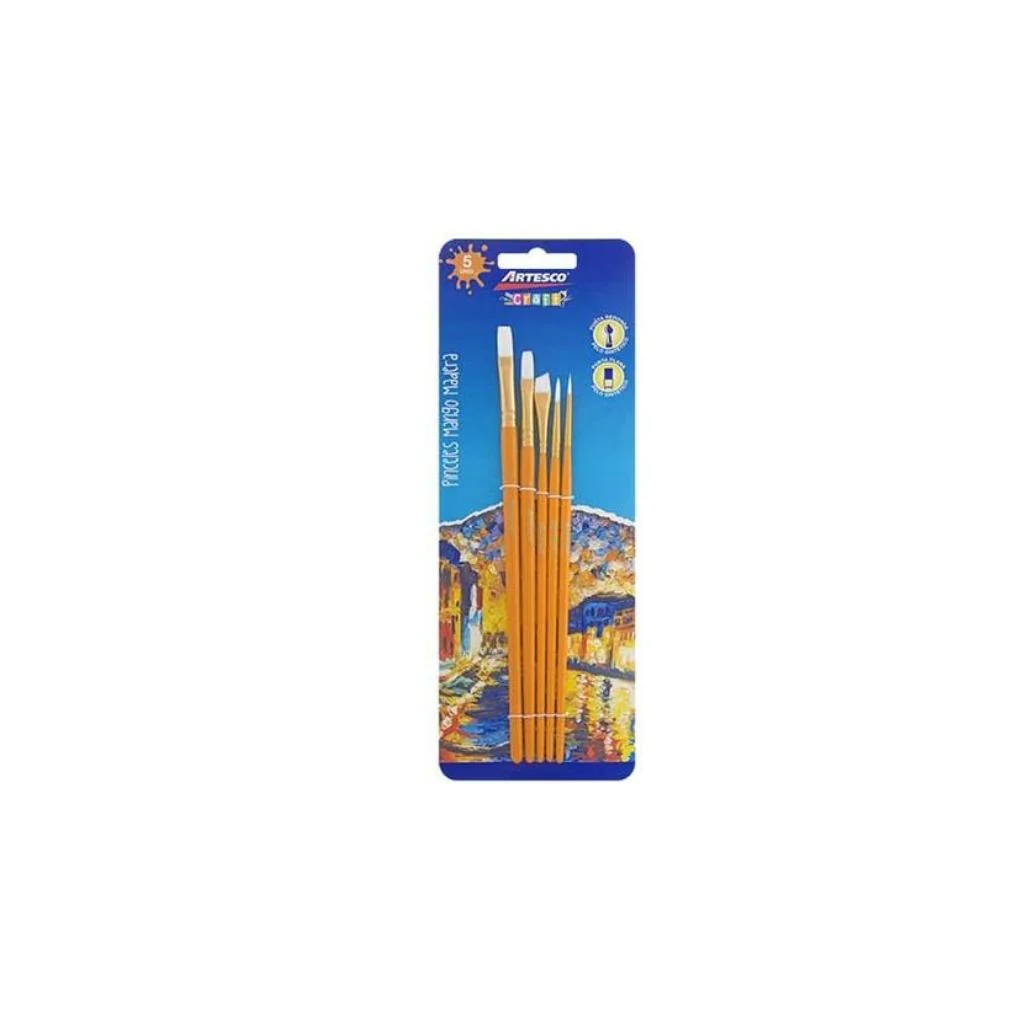 JUEGO DE PINCELES PLANO/REDONDO 5/1 M.MADERA AMARLLO