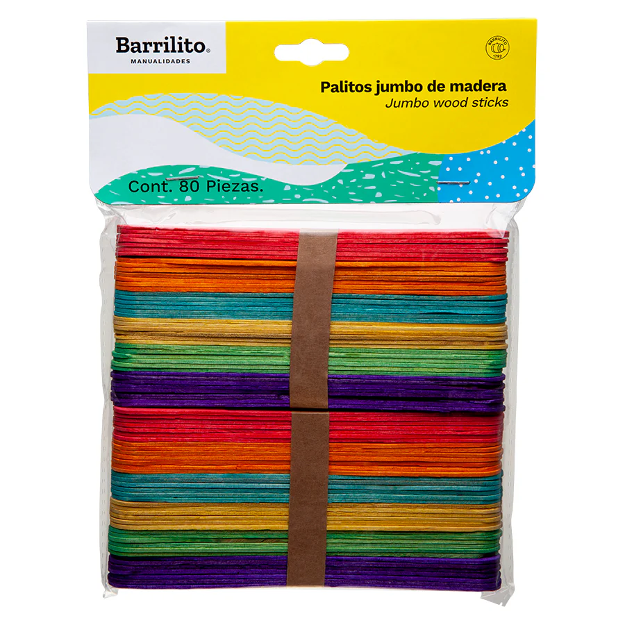 PALITOS JUMBO DE MADERA COLORES 15X2 cm bolsa con 80 palit